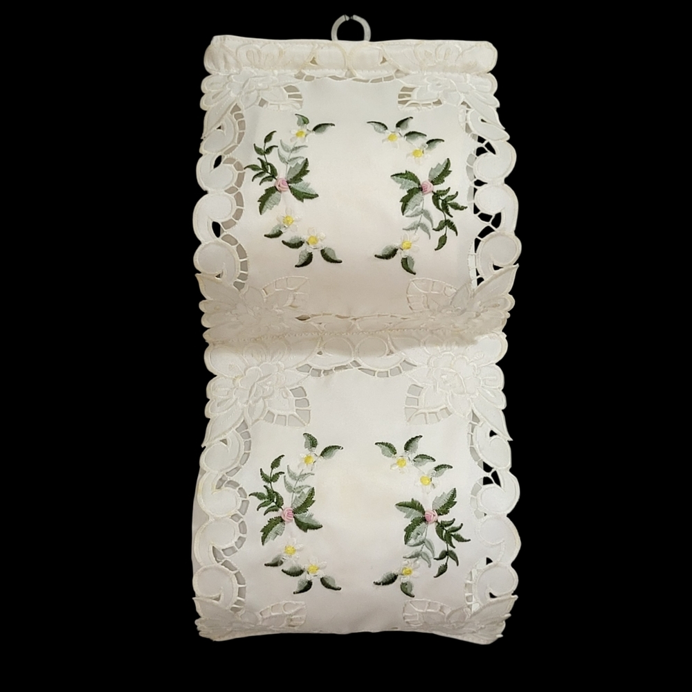 Vintage 2 Roll Fabric Toilet Paper Holder Ivory Cutwork Lace Embroidery Romantic
